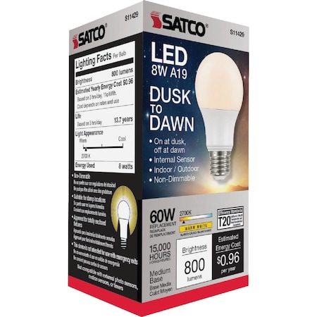 Satco Nuvo 60W Equivalent Warm White A19 Medium Dusk To Dawn LED Light Bulb S11429