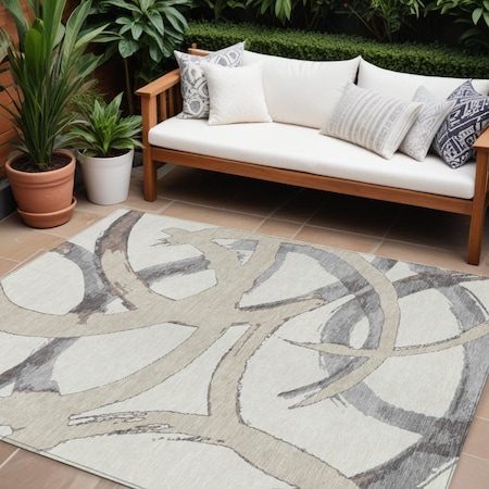 Homeroots 8' X 10' Ivory Gray And Beige Abstract Washable Indoor Outdoor Area Rug 599133