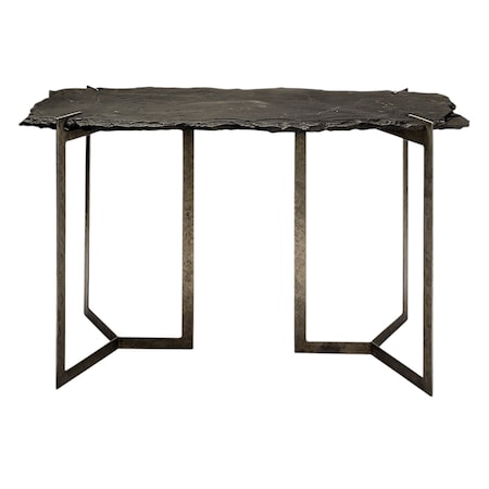 Homeroots 50" Black and Nickel Slate and Iron Distressed Double Pedestal Console Table 380247