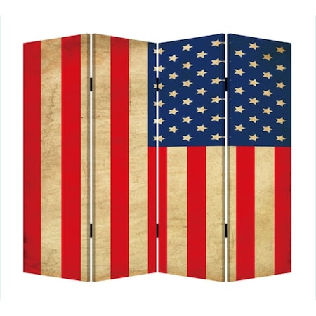 Homeroots 84" Red Natural And Blue American Flag Reversible Canvas Folding Four Panel Room Divider 274693
