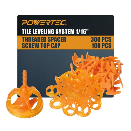 Powertec Tile Leveling System Kit - 1/16in Spacer Clips & Patent-Pending Reusable Ergonomic Twist Caps 72109N