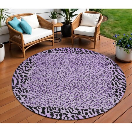 Homeroots 8' Purple Round Animal Print Washable Indoor Outdoor Area Rug 607664