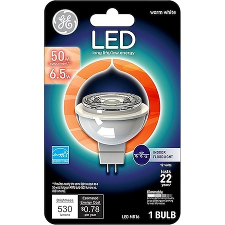 Ge LED Bulb, Track/Recessed, 500 Lumens, 7 W, MR16 Lamp, 50 W Equivalent, GU5.3 Lamp Base 93095551