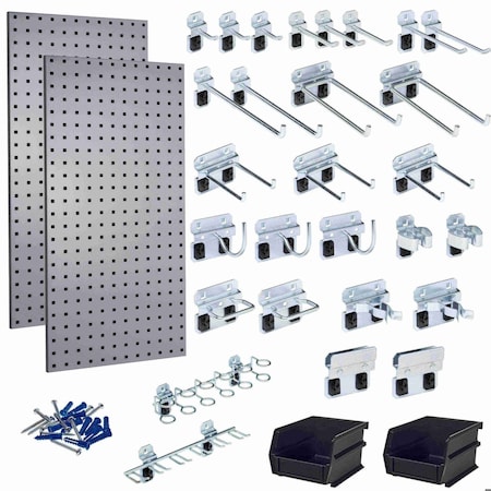 Triton Products 30 pc LocHook Assortment & Hanging Bin System W/ (2) 18" W x 36" H Gray Steel Square Hole Pegboards LB18-GKit
