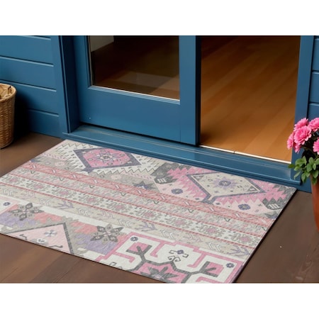 Homeroots 3' X 5' Pink Gray And Ivory Aztec Washable Indoor Outdoor Area Rug 598490