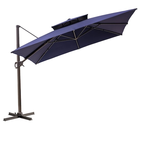 Homeroots 11ft Navy Blue Polyester Round Tilt Cantilever Patio Umbrella With Stand 485670