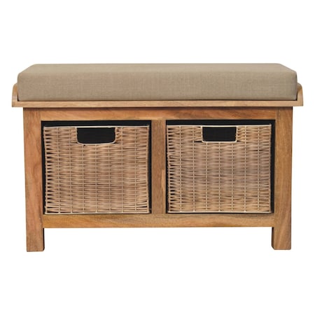 Homeroots 32in Beige and Brown Boucle and Solid Wood Upholstered Storage Bench With Baskets 723428