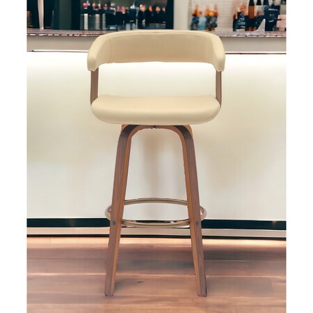 Homeroots 31" Cream And Wood Brown Faux Leather Swivel Bar Height Bar Chair 534469