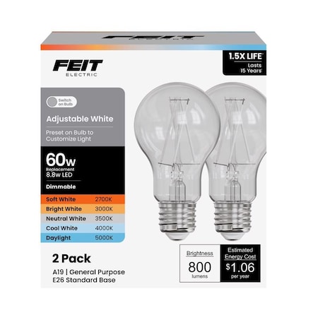 Feit Electric FT LED WF A19 AW 60W, 2PK A1960CL5CCTWFL2