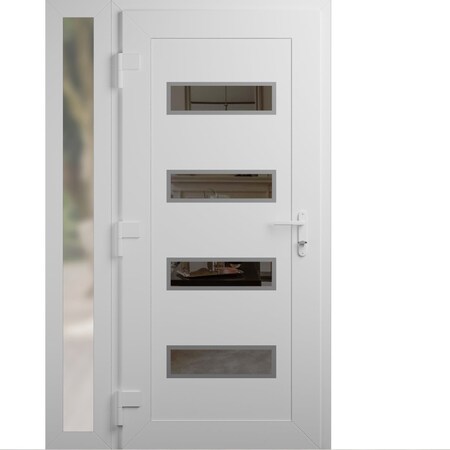 Vdomdoors Front Exterior Prehung Metal-Plastic Door, Manux 8113 White Silk, Side Sidelite Transom, Office Com MANUX8113EXD-WS-W32+14xH80-RH