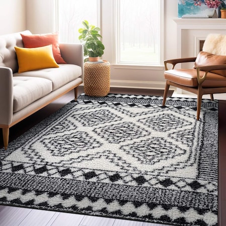 World Rug Gallery White Geometric Pattern Shag Area Rug 5 ft x 7 ft White WR120WHITE5X7