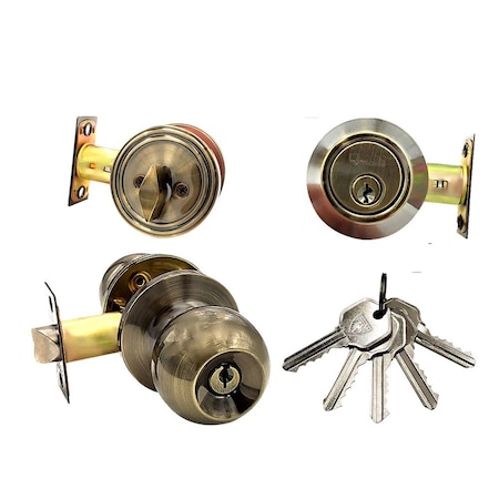 Ecs Hardware Durable Combo Lockset w/ Single Knob & Deadbolt, Entrance, Antique Bronze, Grade 3 KW1 ECSH-3607-AB-KW1