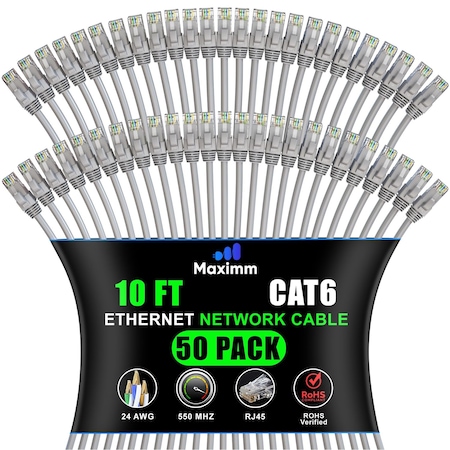 Maximm Cat6 Ethernet Cable 10ft 10Gbps 550MHz UTP, 50PK, Gray, 50PK CAT6CCA-10GR-50PK