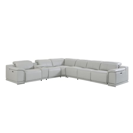 Homeroots Light Gray Italian Leather Power Reclining U Shaped Seven Piece Corner Sectional With Console 476592