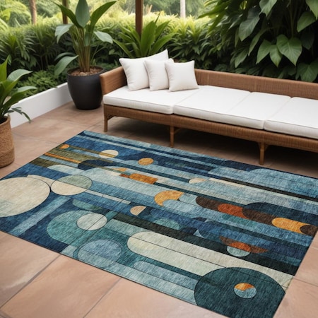 Homeroots 10' X 14' Blue Ivory And Copper Geometric Washable Indoor Outdoor Area Rug 604505