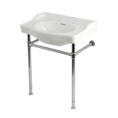 Kingston Brass 30" Ceramic Console Sink with Stainless Steel Legs, 8-Inch, 3-Hole, White/Polished Chrome KVPB30229W381