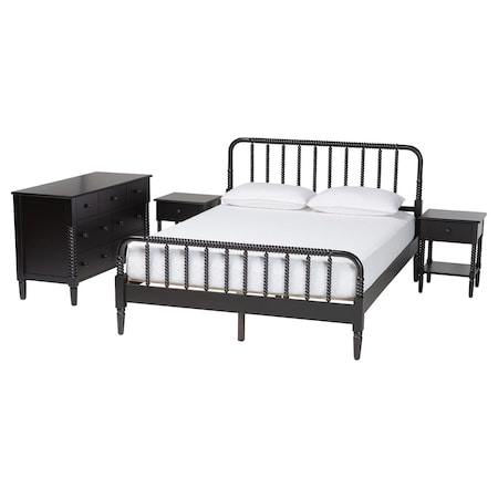 Baxton Studio Braith Farmhouse Black Spindle Wood Queen Size 4-Piece Bedroom Set with Two Nightstands 258-14204-14248-14208-14208-ZORO