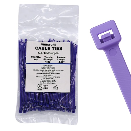 Cable Ties Unlimited Cable Tie, 4 in L, 18 lb Strength, 1 in Max Bundle Dia, Nylon 6/6, Purple 100PK   C4-18-Purple