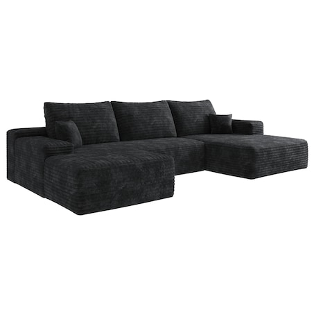 Homeroots 107" Black Corduroy Modular Compression Foam Sofa With Ottoman And Toss Pillows 712952