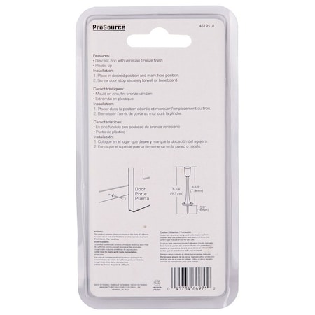Prosource Heavy-Duty Rigid Door Stop, 15/16 in Dia Base, 3-1/8 in Projection, Die-Cast Zinc & Plastic H20-Z029C-VB-PS