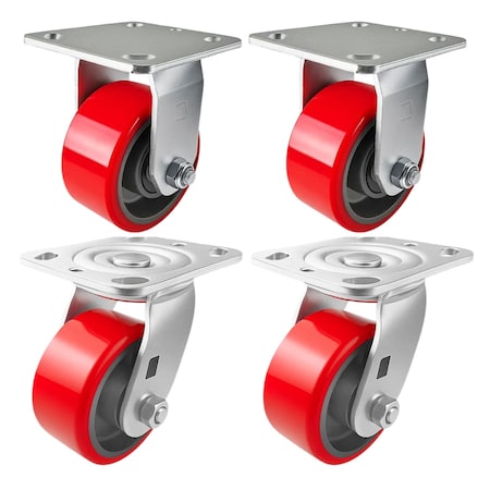 Hyw Products Heavy Duty Caster Set 4in Red Polyurethane on Cast Iron Wheels, 2 Rigid & 2 Swivel, 4PK 40-40R-A1-PC-2,40-40S-A1-PC-2 (R)