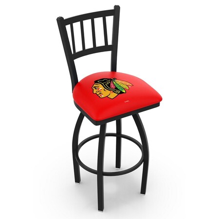 Holland Bar Stool Co 30" Blk Wrinkle Chicago Blackhawks Swivel Bar Stool, Jailhouse Back L01830ChiHwk-R