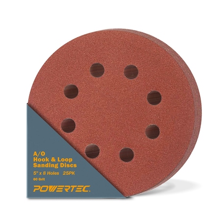 Powertec 5 in. 8 Hole Hook and Loop Sanding Discs, 60 Grit, 25PK 45006N