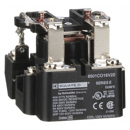 Square D POWER RELAY CLASS 8501 TYPE CO-16 COIL: 120 VAC 50/60HZ 30 AMP RESISTIVE AT 300 VAC SPDT 2 NORMALLY 8501CO16V20