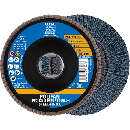 Pferd 5'' X-LOCK POLIFAN Flap Disc - Z PSF STEELOX, Zirconia, 40 Grit, Conical 60764
