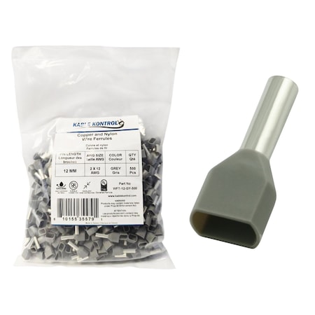 Kable Kontrol Twin Wire Ferrules, Nylon Insulated, 2 x 12 AWG, Pin Size 12 mm, Gray, 500 Pcs, 500PK WFT-12-GY-500
