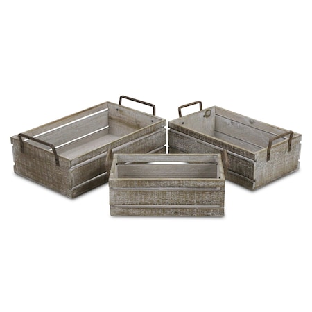 Homeroots Set of Three Gray Solid Wood And Metal Crate, 3PK 487692
