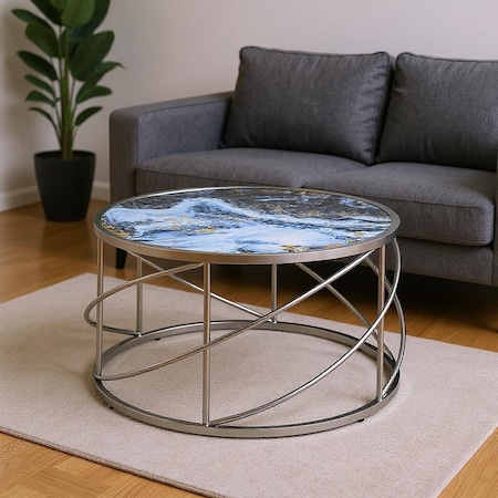 Homeroots 33" Blue and Silver Wood and Iron Faux Marble Geometric Frame Round Coffee Table 572211
