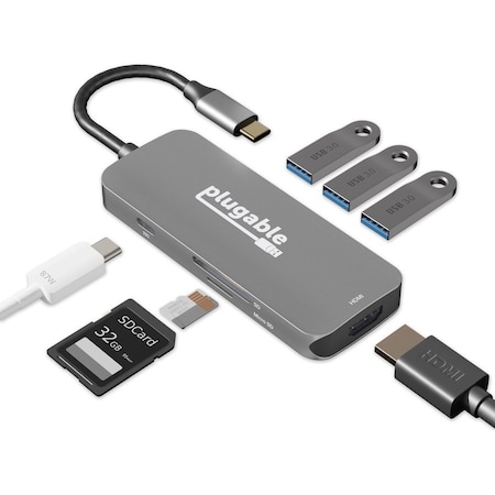 Plugable USB C Hub Multiport Adapter, 7-in-1 Hub (4K HDMI, 3 USB 3.0, SD & microSD Card Reader, 87W Charging USBC-7IN1