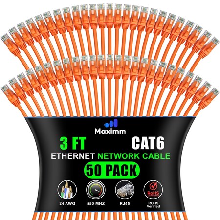 Maximm Cat6 Ethernet Cable 3ft 10Gbps 550MHz UTP, 50PK, Orange, 50PK CAT6CCA-3OR-50PK