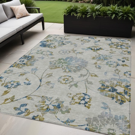 Homeroots 5' X 8' Taupe Navy Blue And Denim Blue Floral Washable Indoor Outdoor Area Rug 589507
