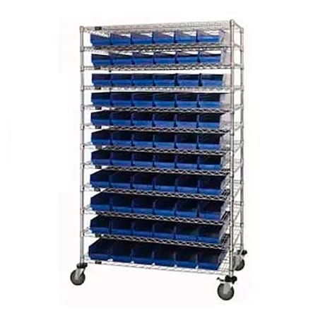 Global Industrial Chrome Wire Shelving with 110 4"H Plastic Shelf Bins Blue, 24x72x74 269057BL