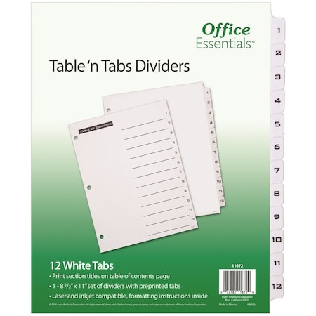 Avery Dennison Office Ess, TABLE 'N TABS DIVIDERS, 12-TAB, 1 TO 12, 11 X 8.5, WHITE 11672