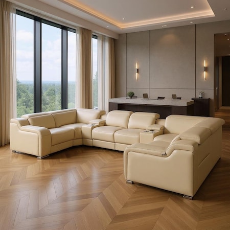 Homeroots Beige Italian Leather Power Reclining U Shaped Eight Piece Corner Sectional With Console 632568