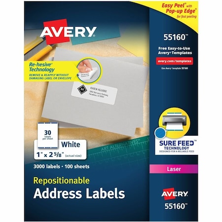 Avery Repositionable Address Labels for Laser Printers, 1 x 2 5/8, White, 3000/Box 55160