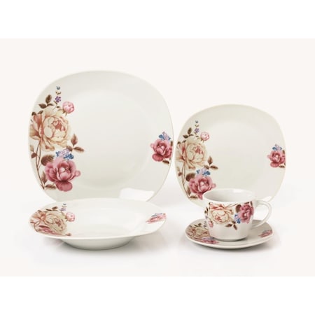 Lorren Home Trends 20 Piece Floral Porcelain Square Dinnerware Set, Service for 4 LH428