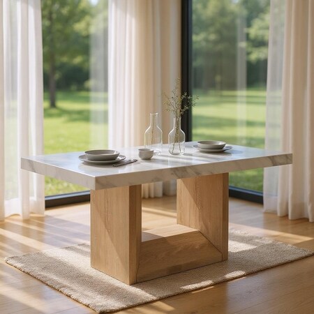 Homeroots 70" White and Natural Faux Marble and Wood Pedestal Base Dining Table 564891