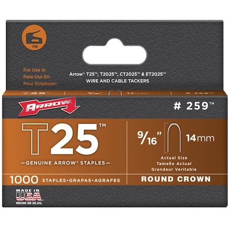 Arrow Fastener Cable Staples, 18 ga, Round Crown, 9/16 in Leg L, Steel 259