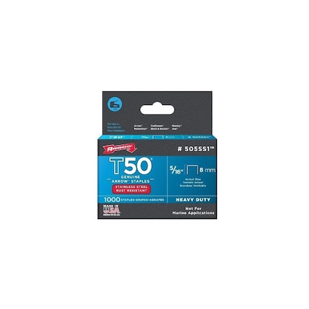 Arrow T50 Series Flat Crown Staple, 3/8 in W Crown, 5/16 in L Leg Gray, 1000PK 505SS1