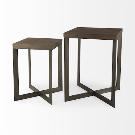 Homeroots Set of Two Brown Solid Wood and Metal Square Cross Legs Nested Tables, 2PK 393190