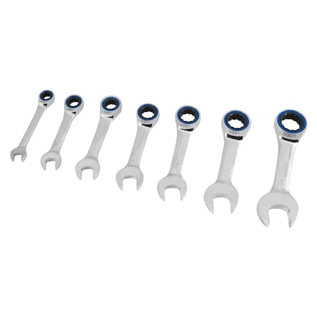 Performance Tool 7 pc. Metric Ratcheting Wrench Set, Stubby, CrV Steel, Storage Rack W30635