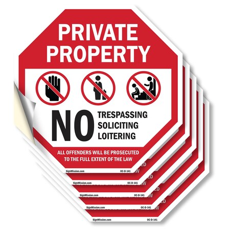 Signmission Private Property No Trespassing Sol, 6 inch X 6 inch, Vinyl Decal, 5PK OC-D-5PACK-6-141