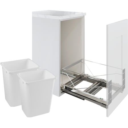 Kessebohmer Waste Pullout 52 QT Double Chrome FE Soft Close w/ White Bins KS3-WASTE2-CHR52-W