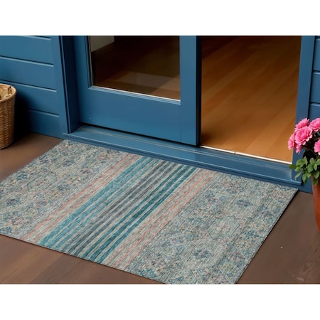 Homeroots 3' X 5' Teal Blue Salmon And Beige Medallion Washable Indoor Outdoor Area Rug 615914
