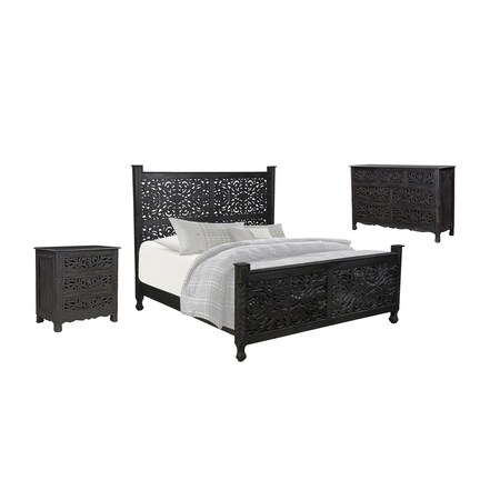 Homeroots Three Piece Black Solid Wood Bedroom Set 636278