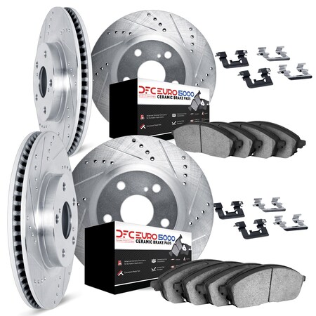 Dynamic Friction Co DFC Rotors-Drilled & Slotted-Silver w/ EURO 5000 Ceramic Brake Pads Incl Hdw 7614-27022
